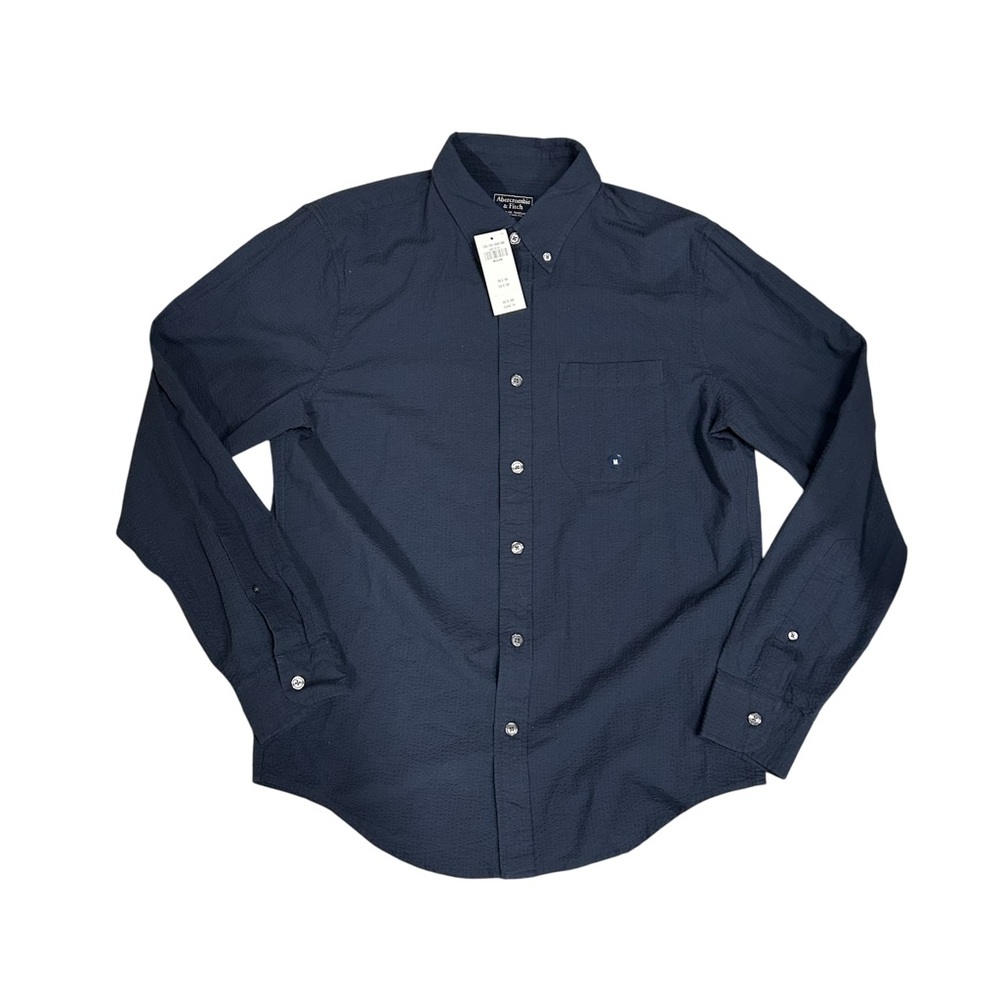 NWT Abercrombie & Fitch Mens Medium Long Sleeve Button Up Shirt Navy‎
